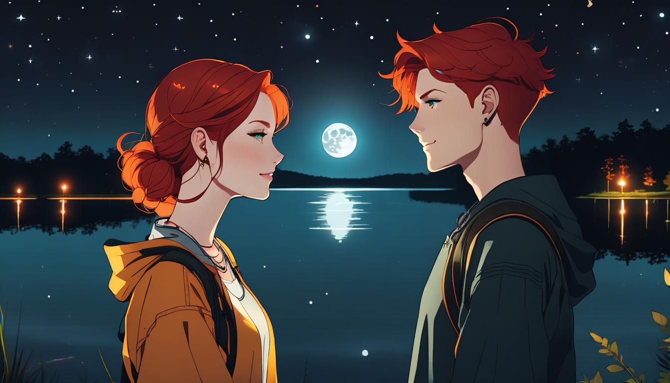 Redhead Siblings Under Starry Cybernetic Sky