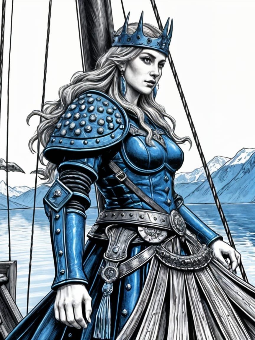 Norse Princess on Viking Longship in Pen and Ink