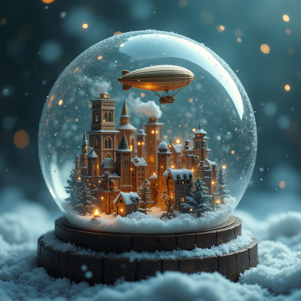 Steampunk City Snow Globe with Zeppelin