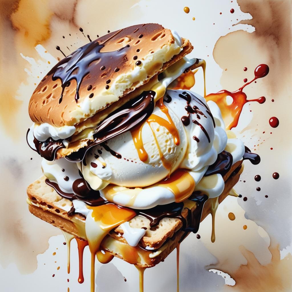Vibrant Ice Cream Sandwich in Watercolor Splash Art