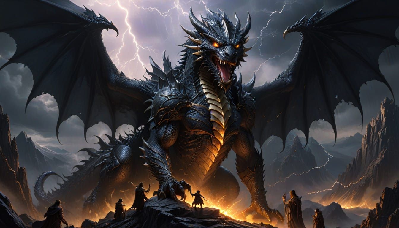 Dragon Cradling Orphans Atop Windswept Peak