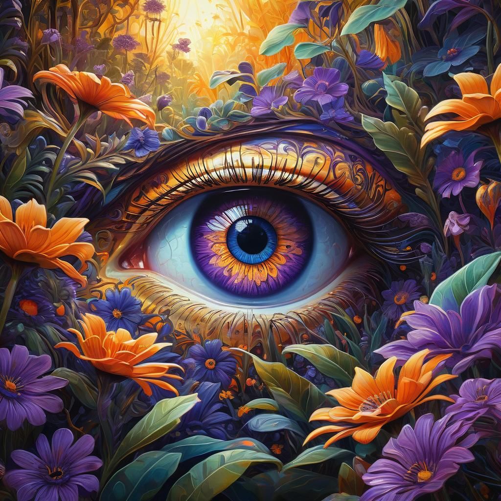 Eye with Purple and Orange Flowers in Surreal Style