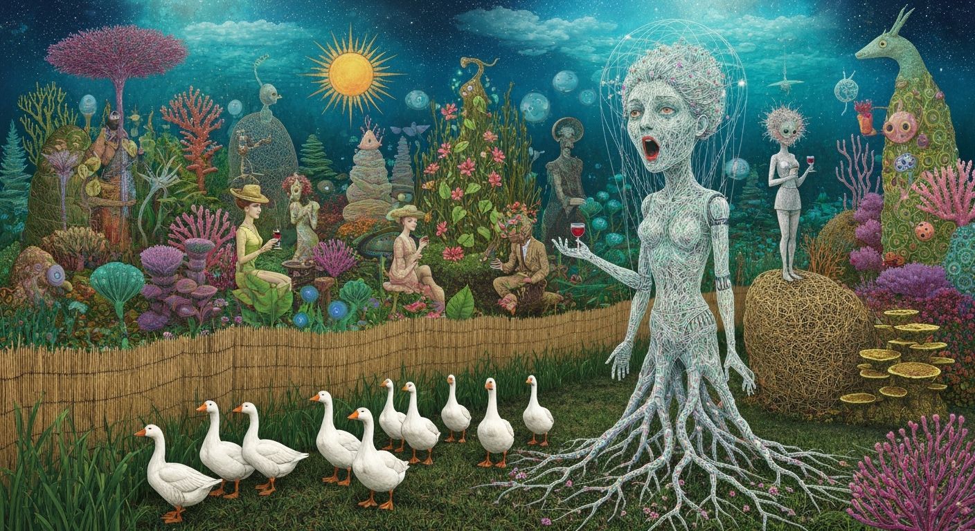 Folkloric Robot and Geese in Surreal Eco-Art Garden