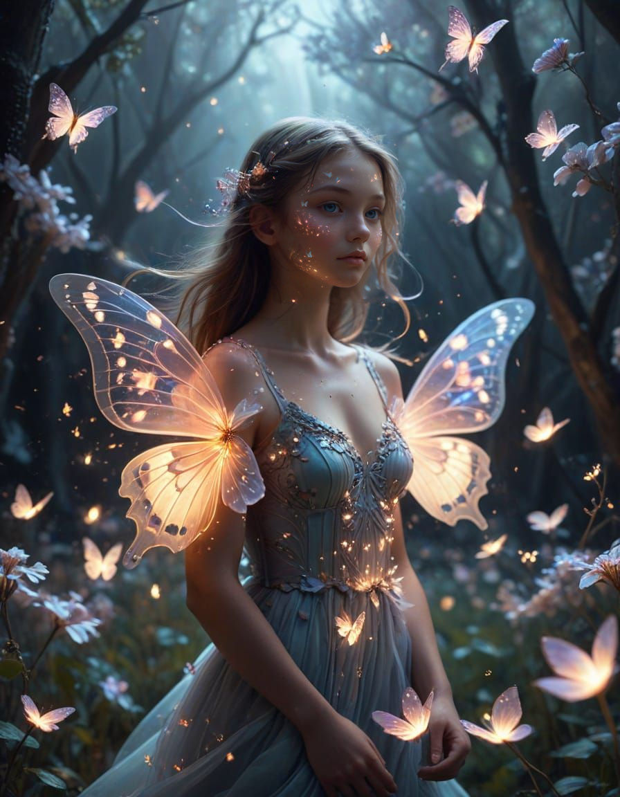 Girl with Butterfly Wing Fan in Dreamscape