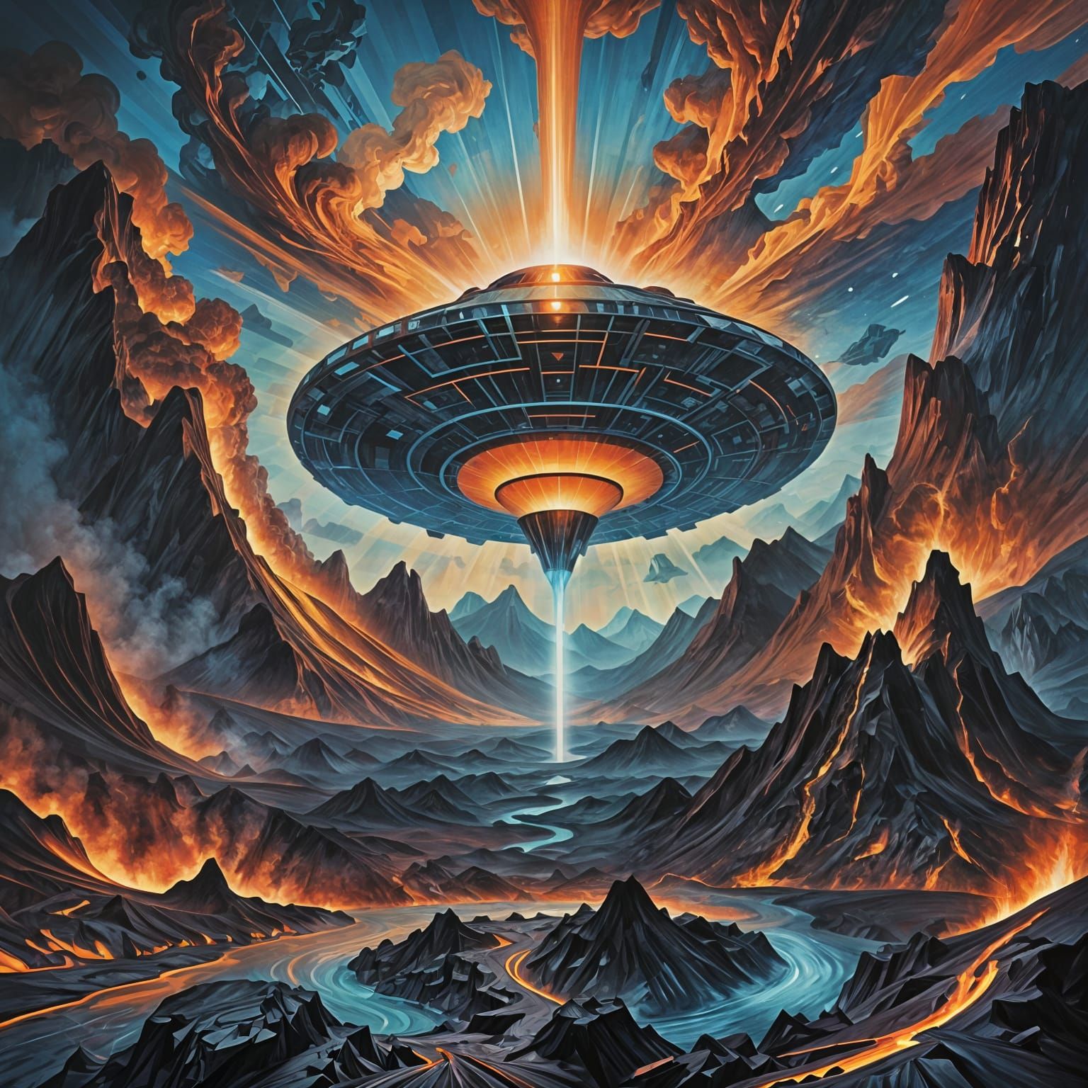 Cubist UFO Over Volcano in Geometric Fauvism Style