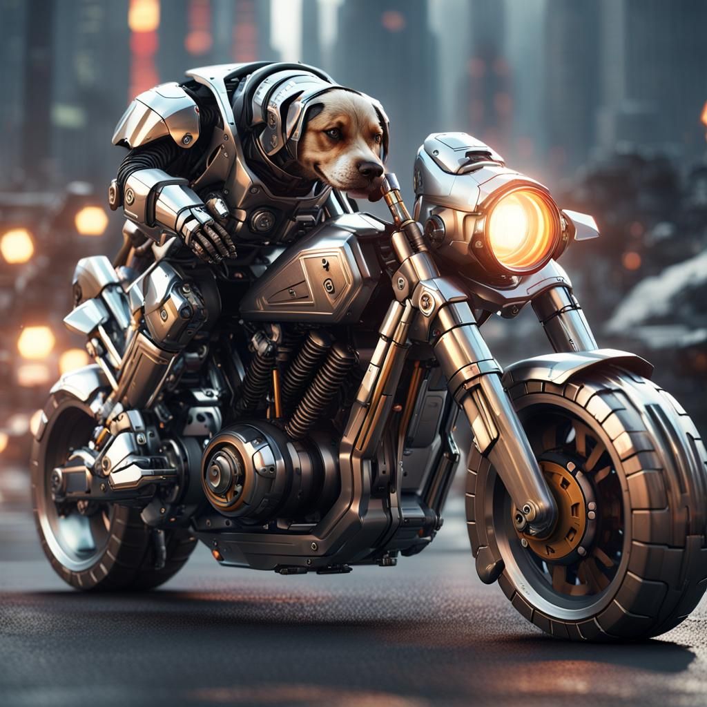 Motorcycle Dog Rides in Futuristic Sci-Fi Style