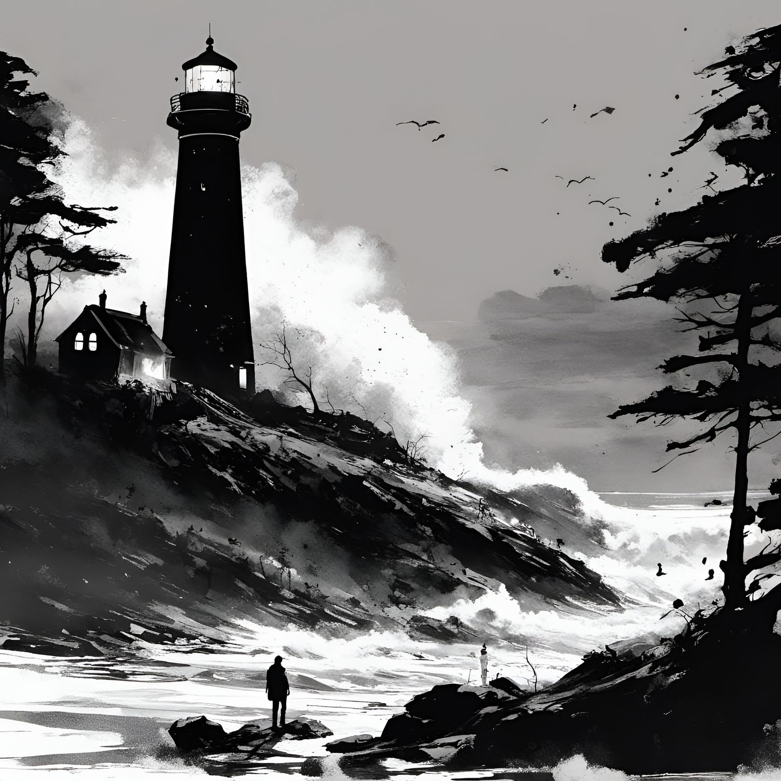 Haunted Lighthouse with Ghosts in Horror Style
