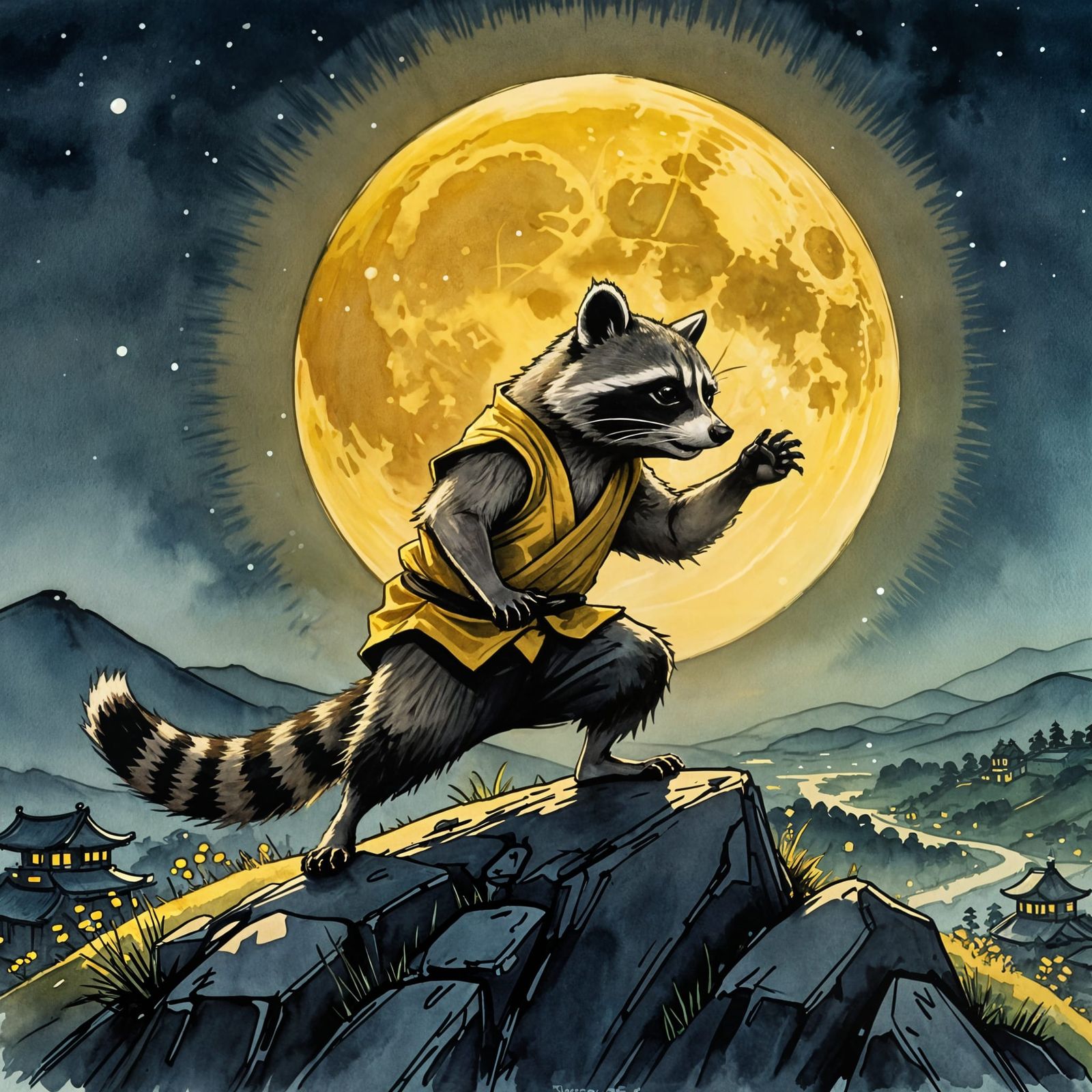 Raccoon Warrior Trains Under Starry Skies