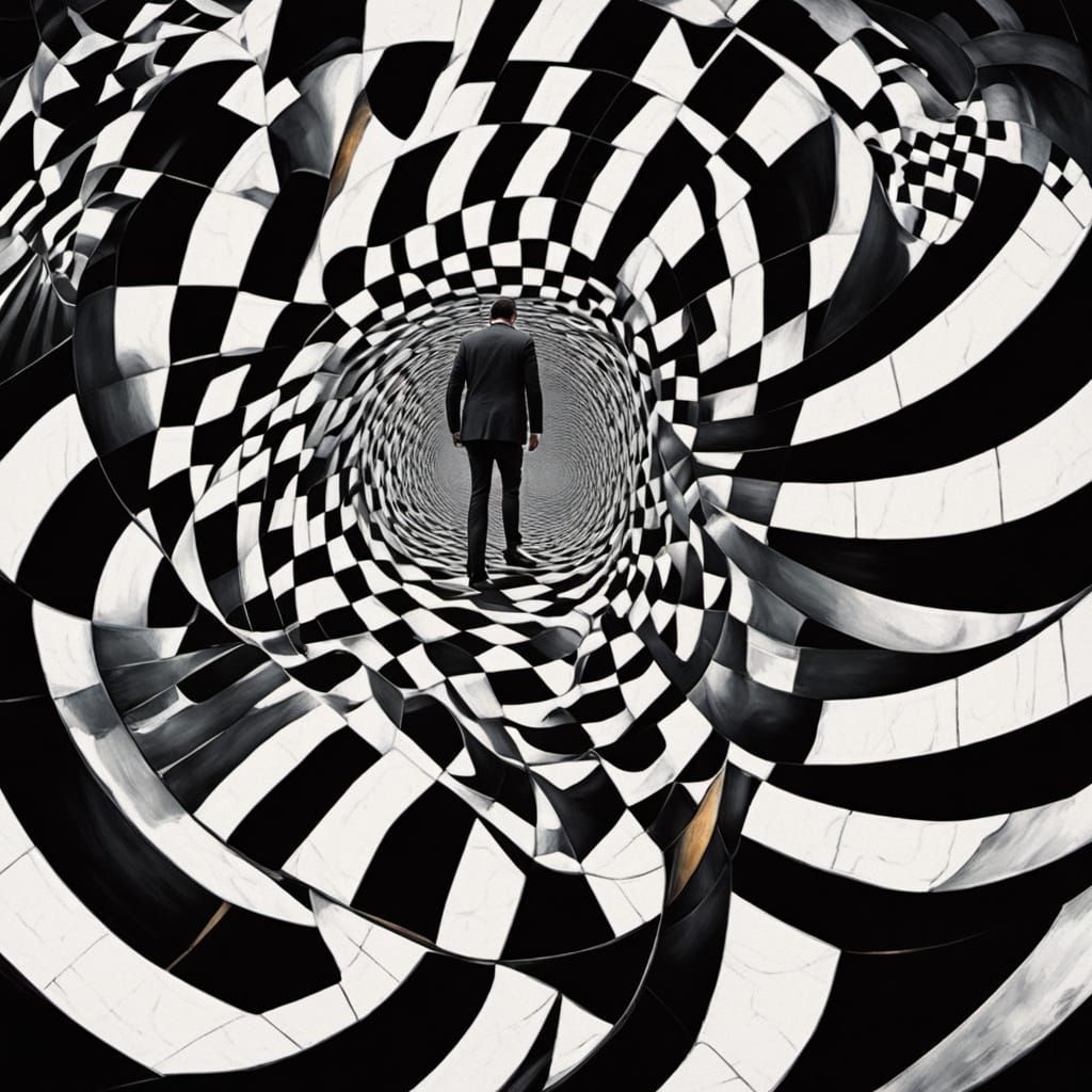 Surreal Warped Room with Man, in Oil Painting Style