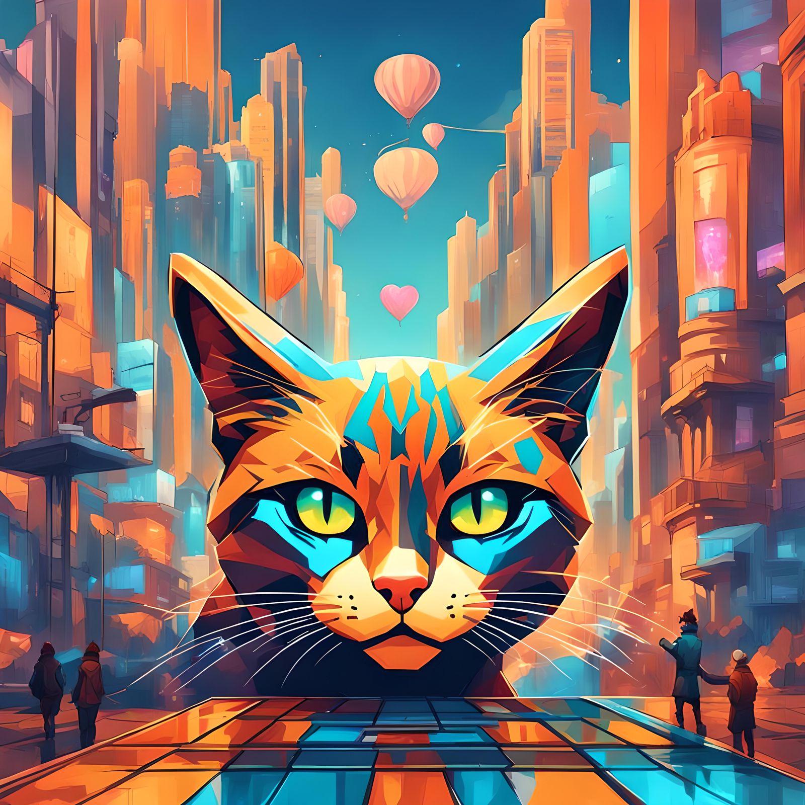 Ethereal Cat Cityscape in Triadic Hues