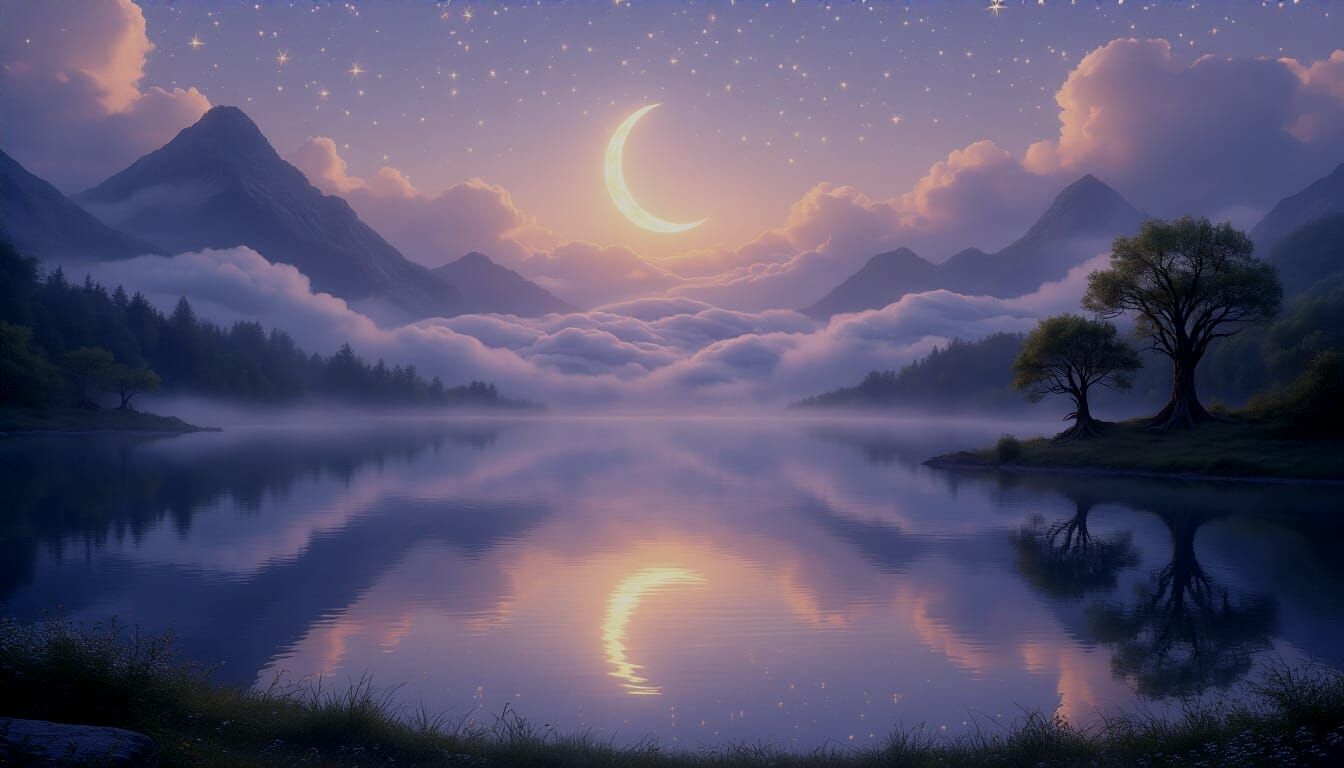 Serene Landscape with Crescent Moon and Misty Mountains
