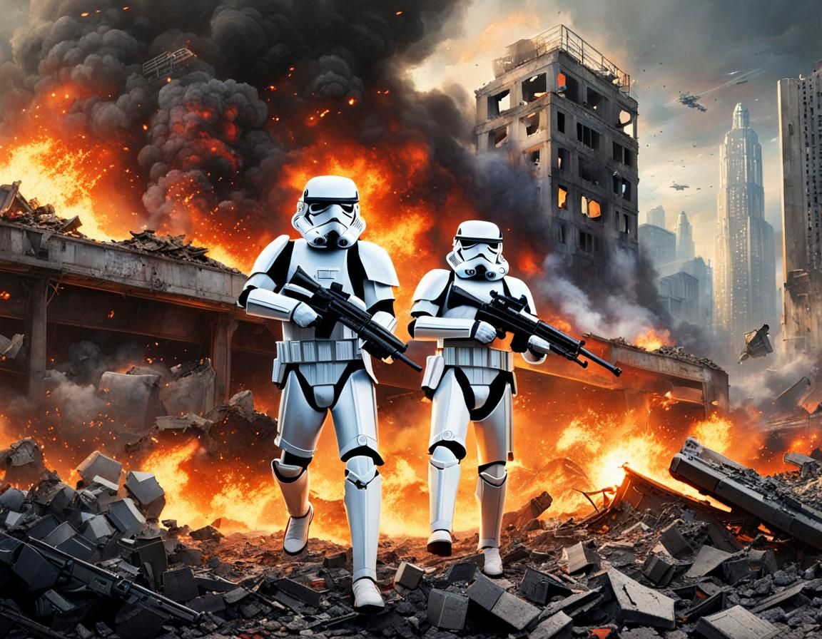 Stormtroopers Battle in Ruined Cityscape