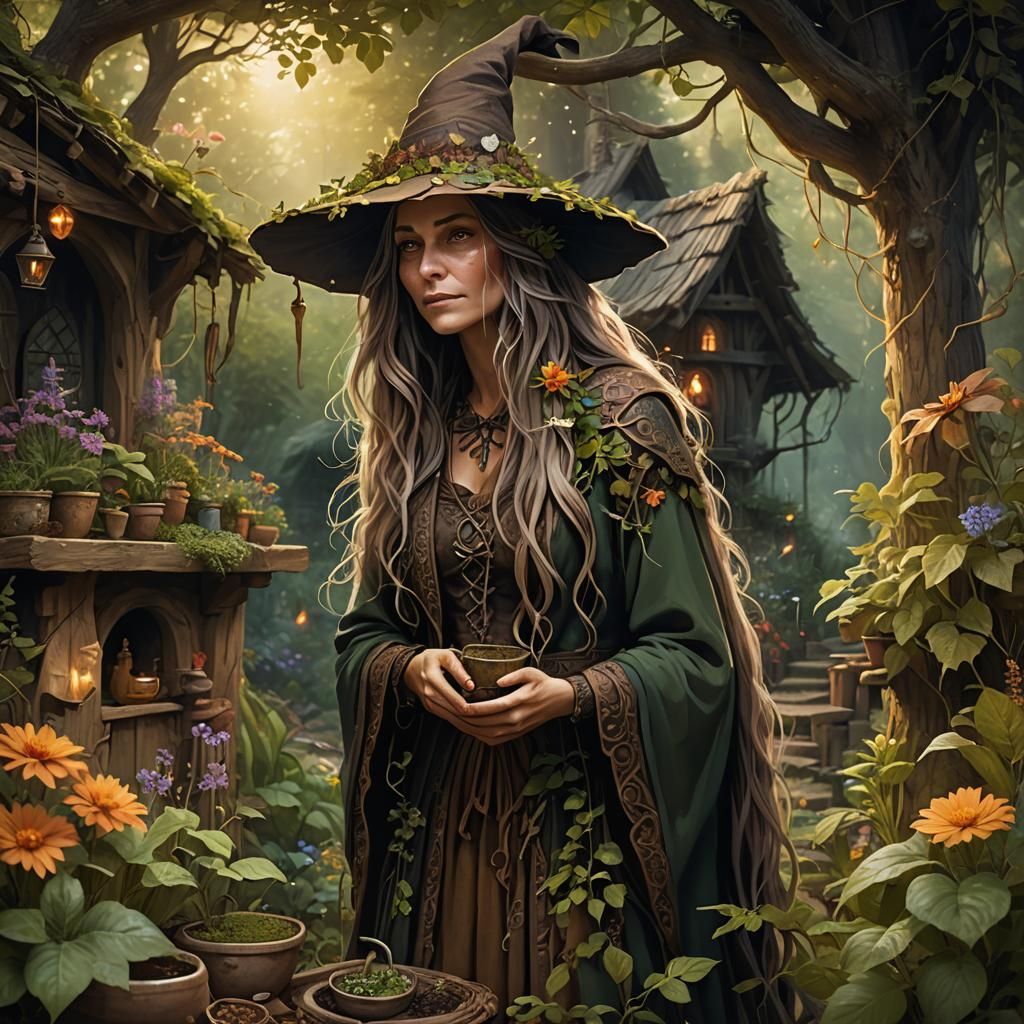 Nature Witch Tending to Her Herb garden