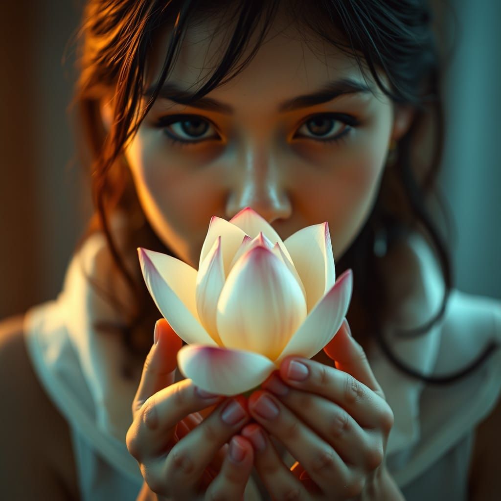 Gorgeous Young Woman Holds a White Lotus Flower in Her Hands