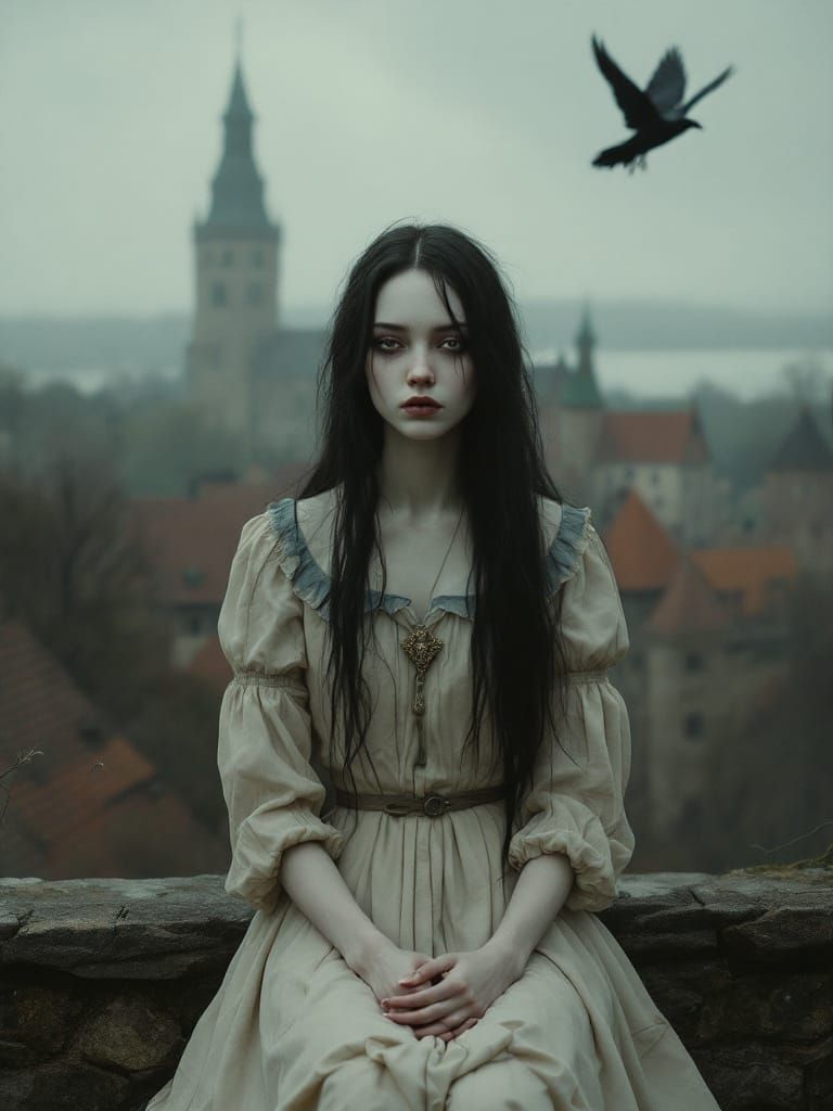 Melancholic Portrait of Woman Before Castle