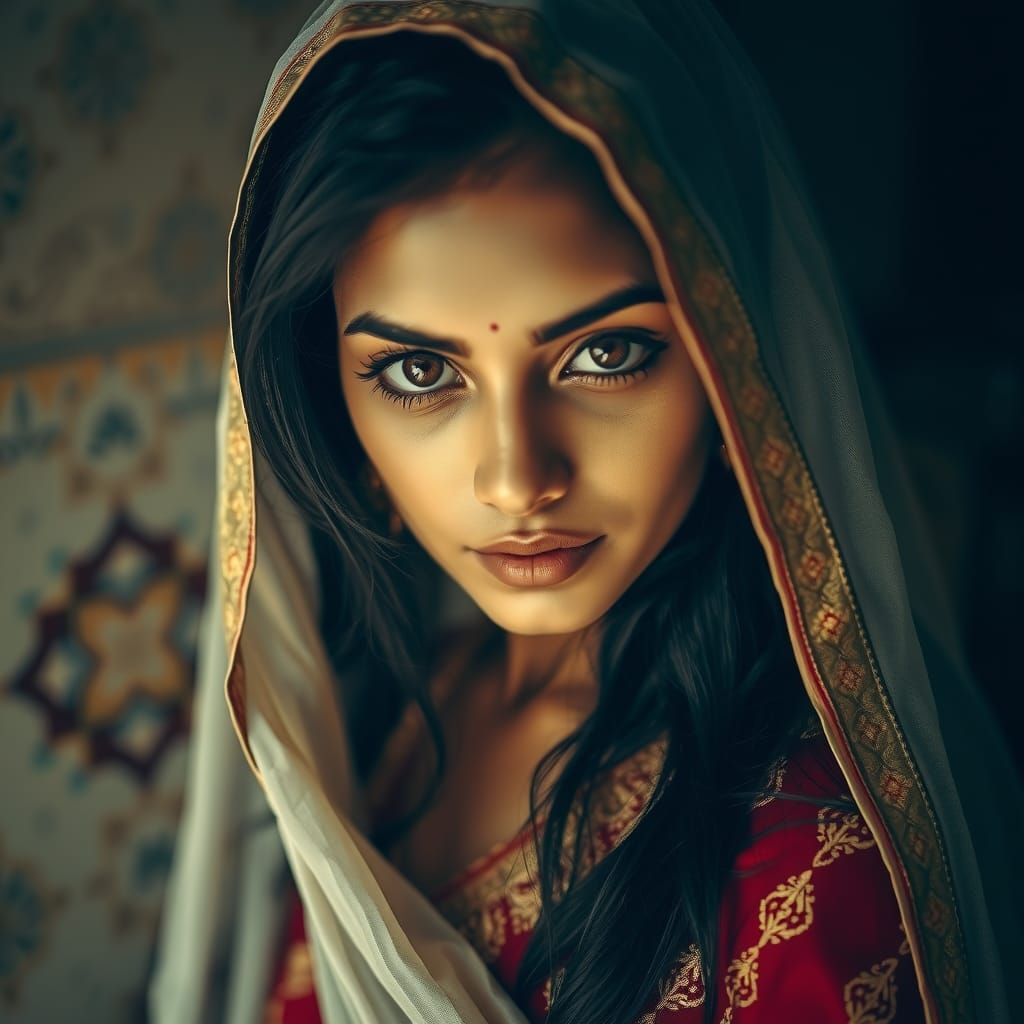 Shy Hindu Woman in Traditional Dress
