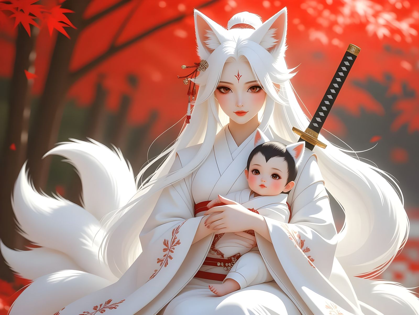 Kitsune Mother and Child in Snowy Winter Wonderland