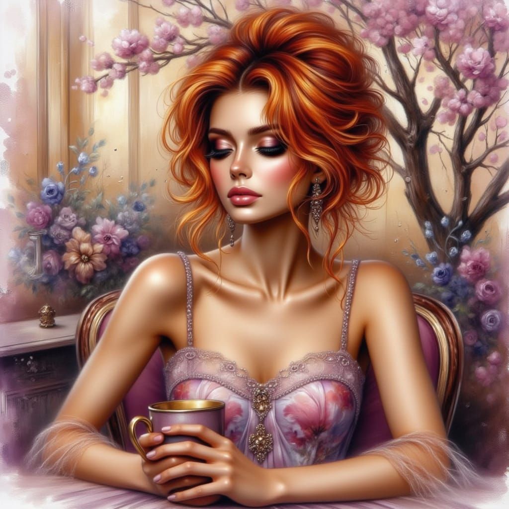 Dreamy Woman in Romantic Gothic Watercolor Style