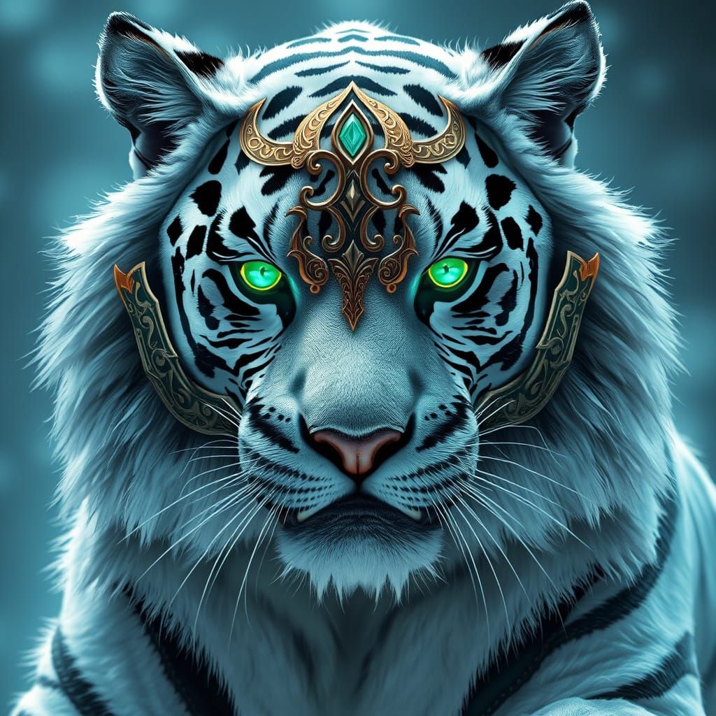 Celestial White Tiger with Emerald Eyes and Ornate Mask