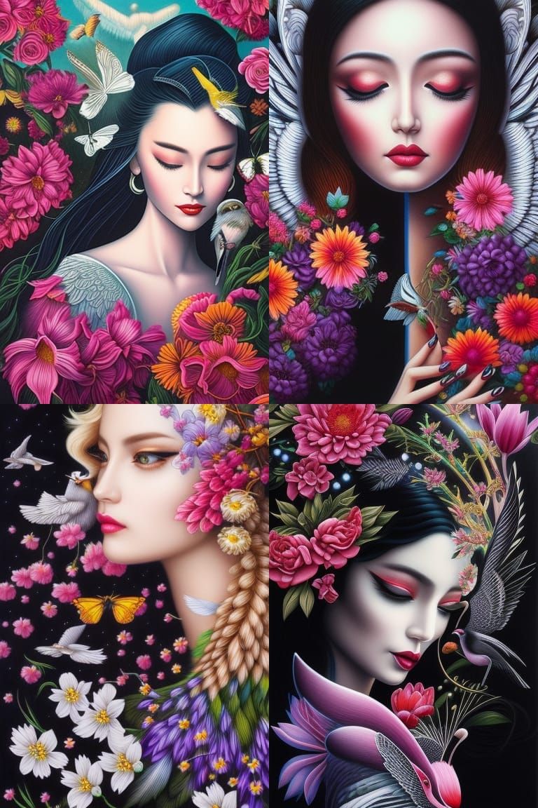 Woman Flying with Birds: Detailed Pencil Drawing