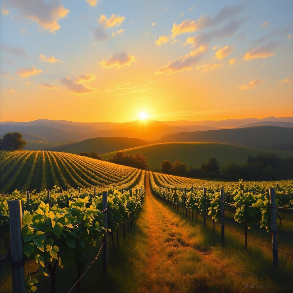 Sunrise Vineyard Landscape in Impressionist Oil Painting Sty...