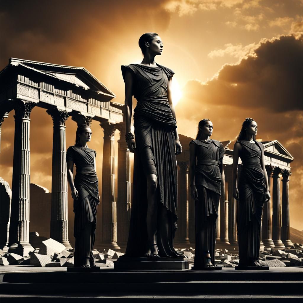 Goth Model Among Bronze Statues in Sunlight