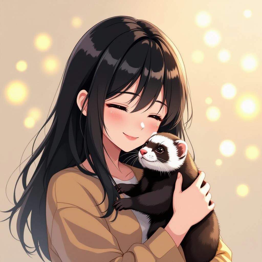 Anime Girl Cradles Ferret in Golden Light