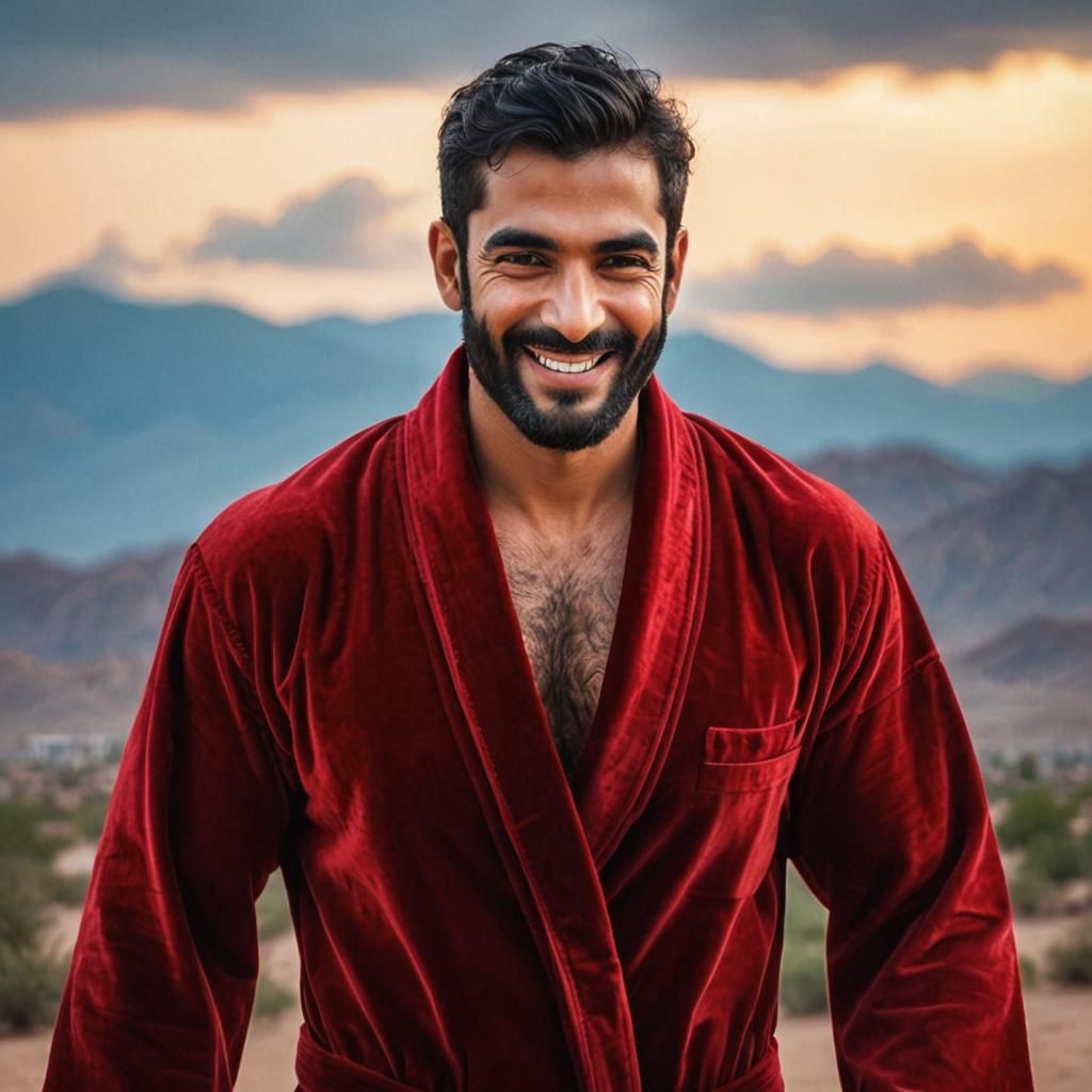 Joyous Man in Red Velvet Bathrobe