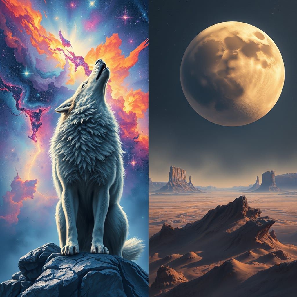 Celestial Wolf Between Nebula and Barren Planet