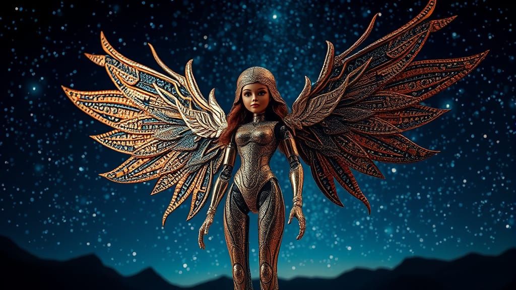 Hyper-Realistic Doll in Stunning Night Sky with Glittering W...