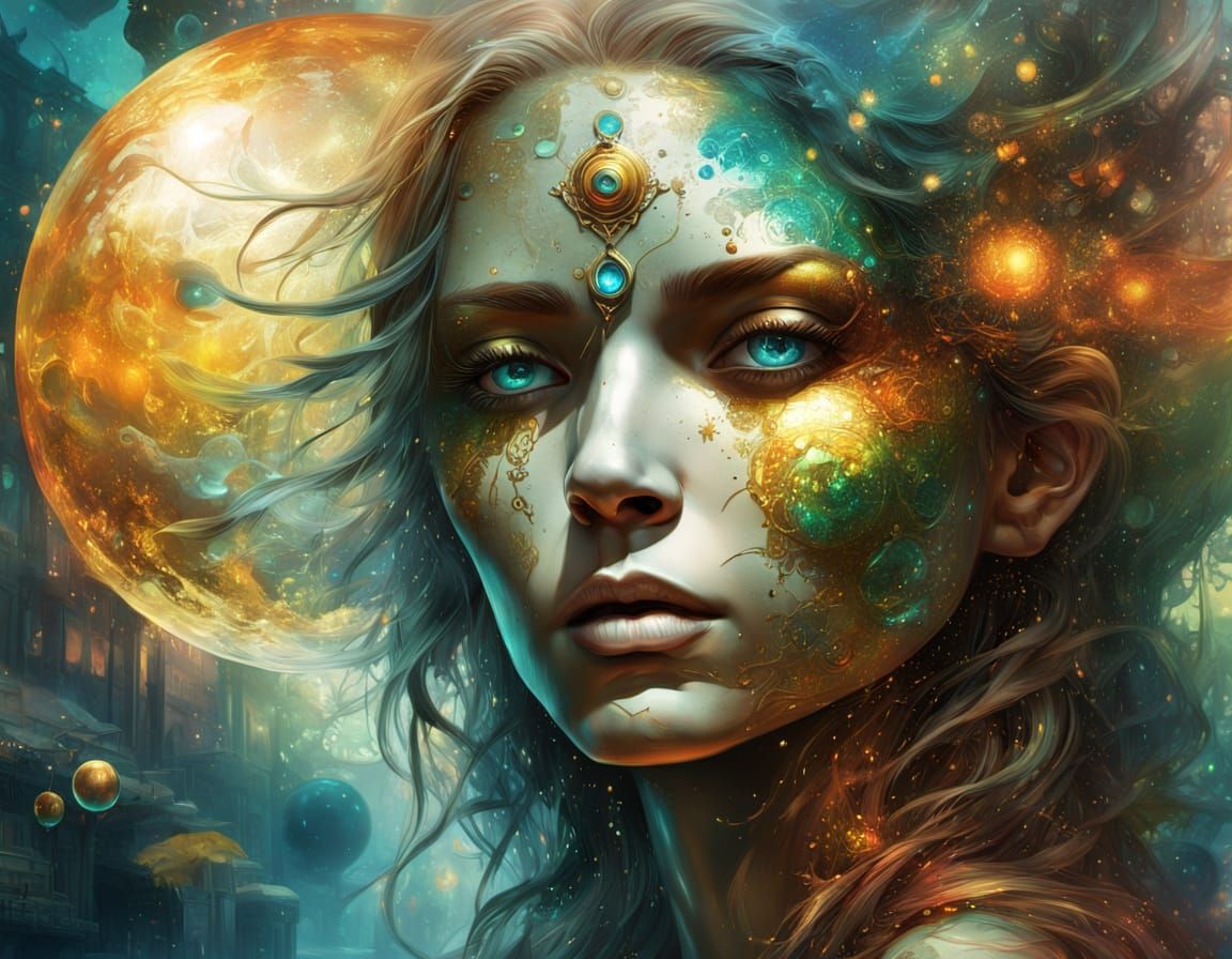 Vibrant Shaman Woman in Underwater Cityscape Graffiti Art