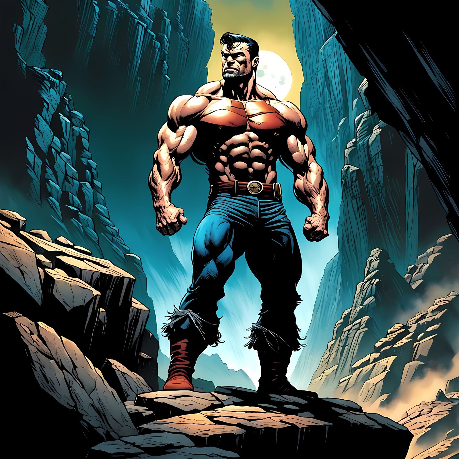 Muscular Hero on Rocky Cliff in Graphic Novel Style