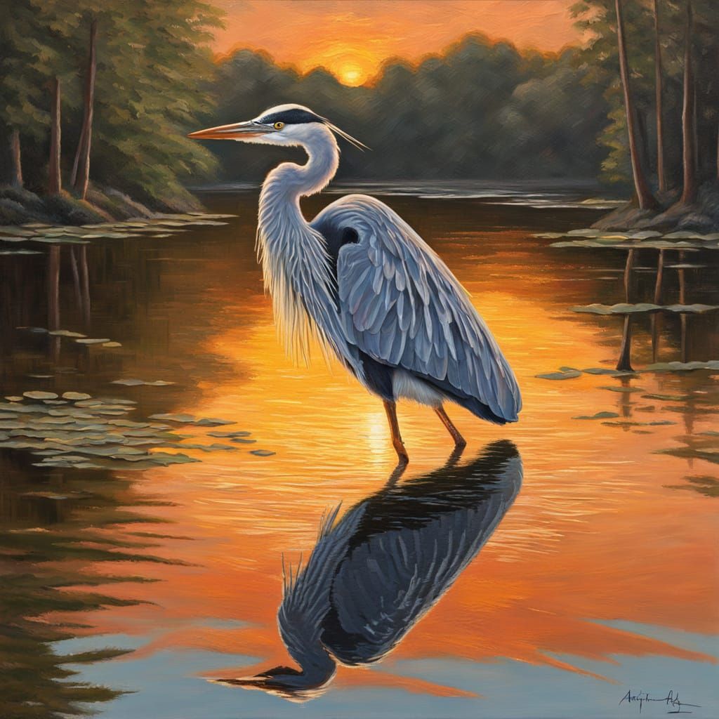 Heron at Sunset on Forested Lake, Impasto Oil Painting
