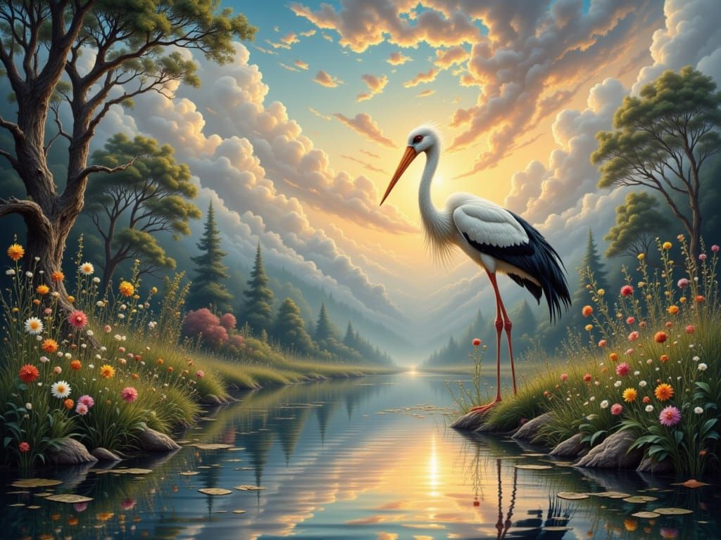 Majestic Stork in Enchanting River Setting