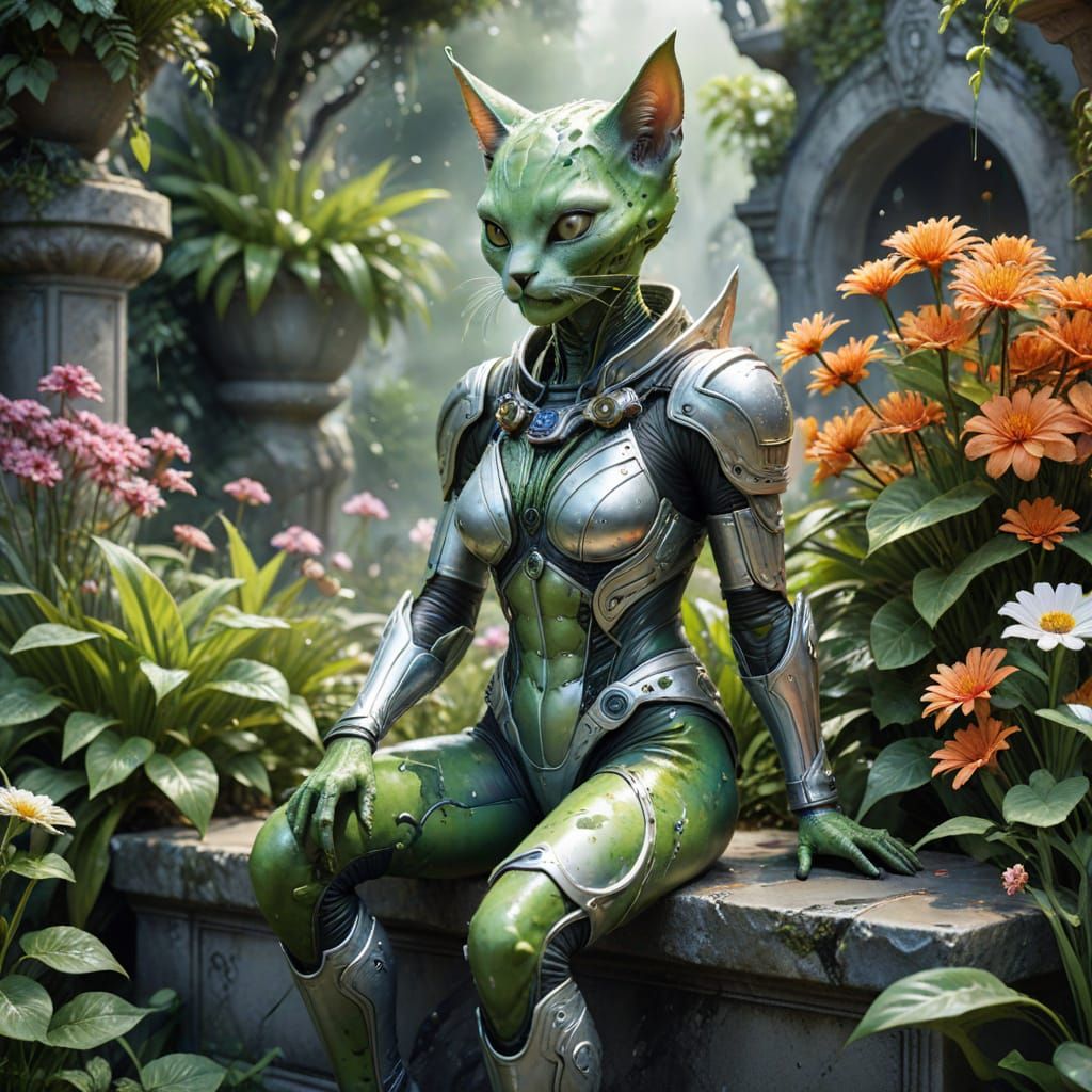Green Alien Cat Girl in Spacesuit on Stone Bench