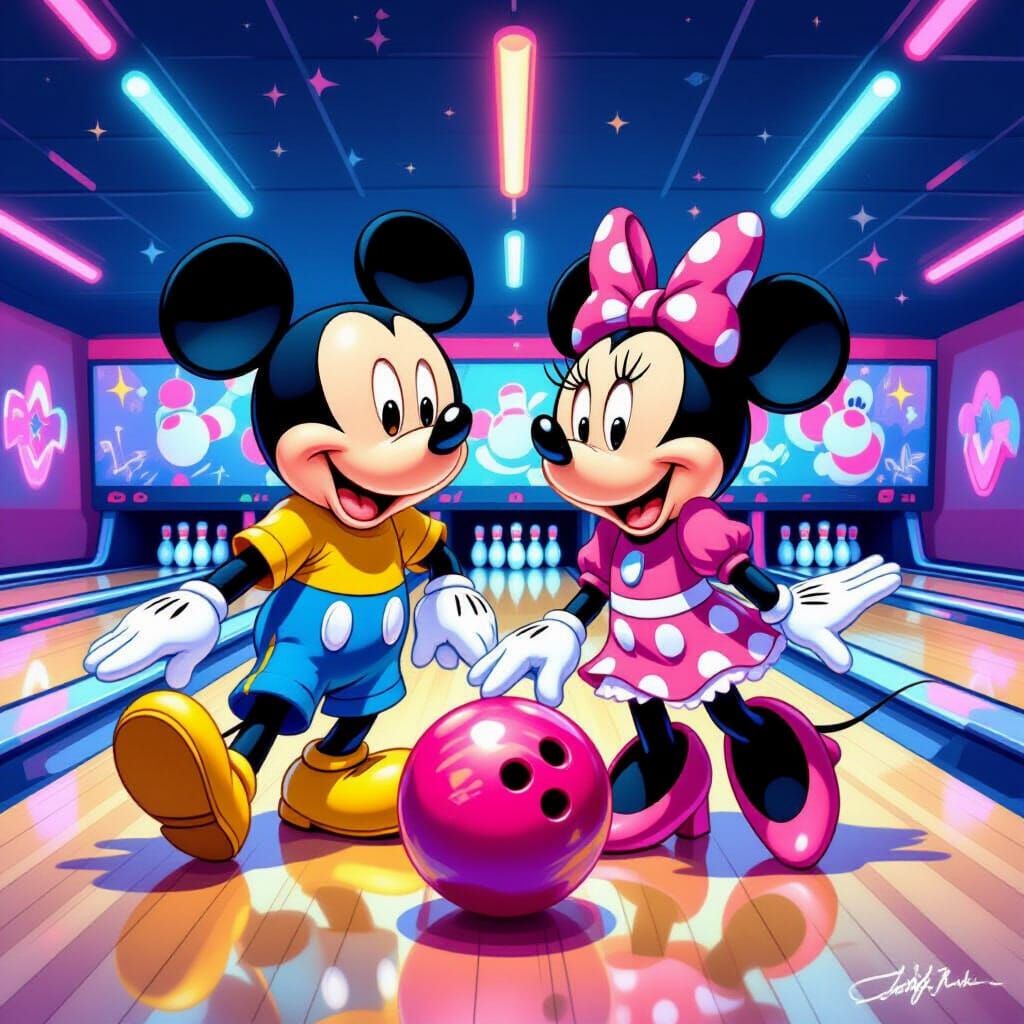 Mickey & Minnie Bowling in Neon 50s Alley