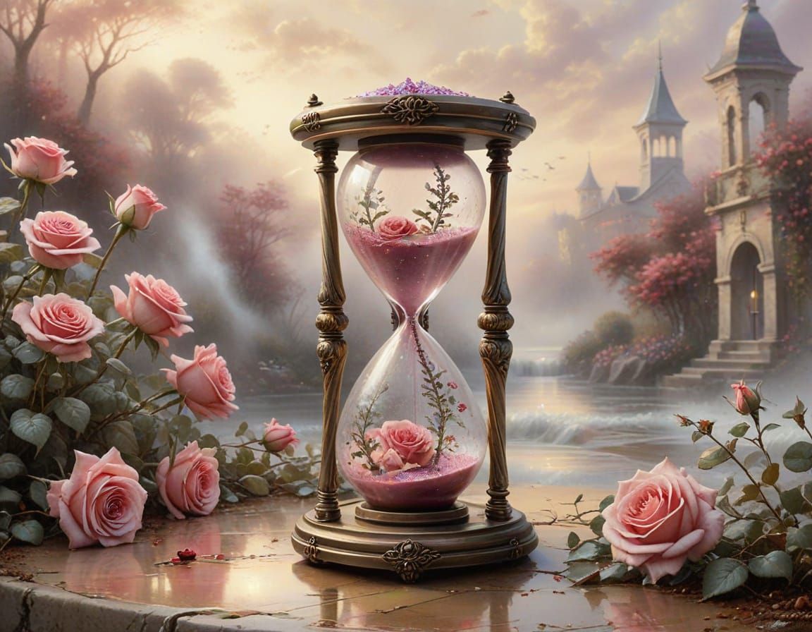 Antique Hourglass with Pale Red Roses in Soft Watercolour St...