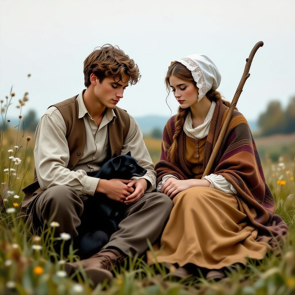 Rural Serenity: Figures in Contemplation on Grassy Landscape