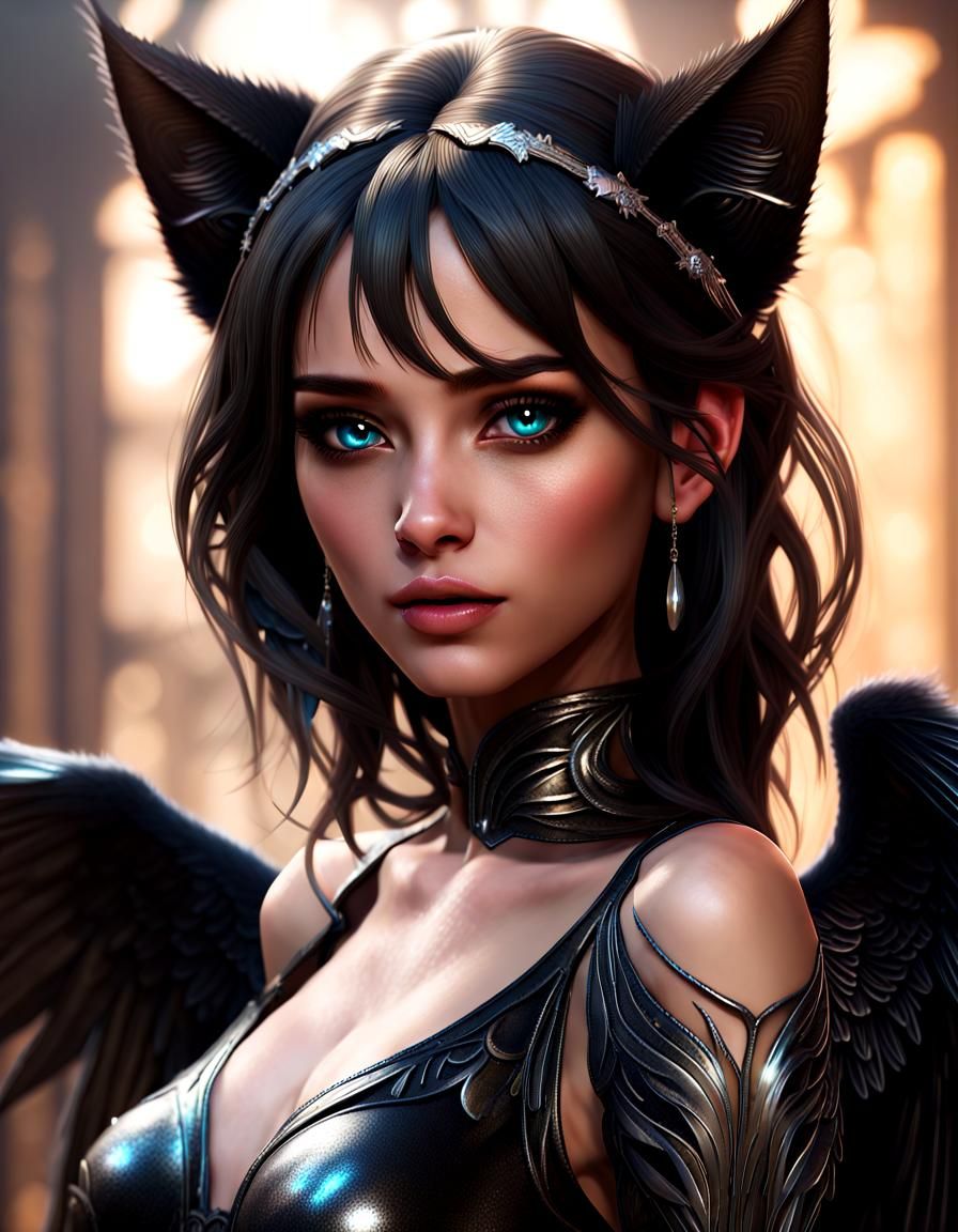 Winged Black Cat with Sparkling Eyes: Fantasy Art