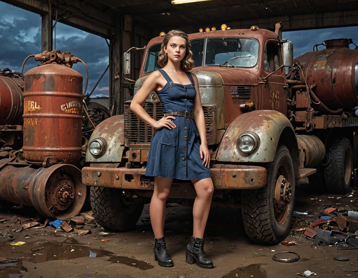 Dieselpunk Girl in Industrial Workshop at Sunset