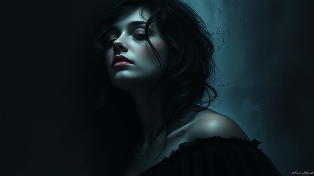 Ethereal Woman in Haunting Shadows, a Melancholic Symphony