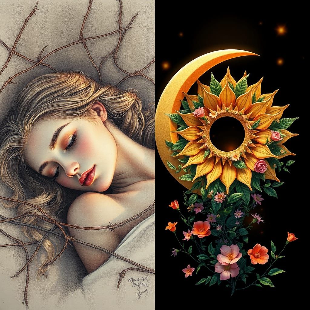 Sleeping Beauty Sketch Meets Abstract 3D Art