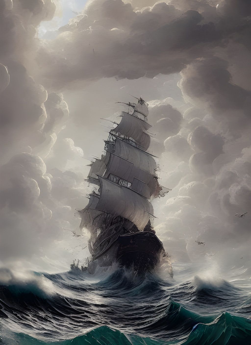Pirate Ship Amidst Stormy Seas: Digital Illustration