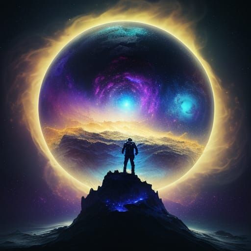 Astronaut on Floating Island in Biomechanical Surrealism