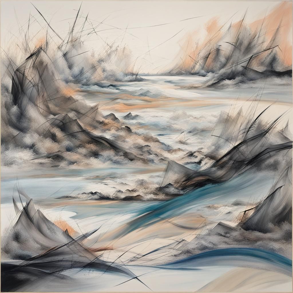 Abstract Coastal Landscape in Julie Mehretu Style