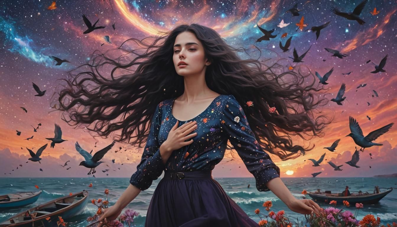 Woman Holding Galaxy in Cosmic Digital Artwork