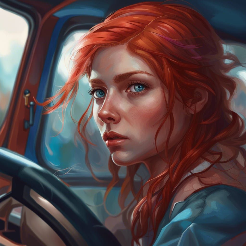 Redhead Girl Driving: Hyperdetailed Artgerm-Style Portrait