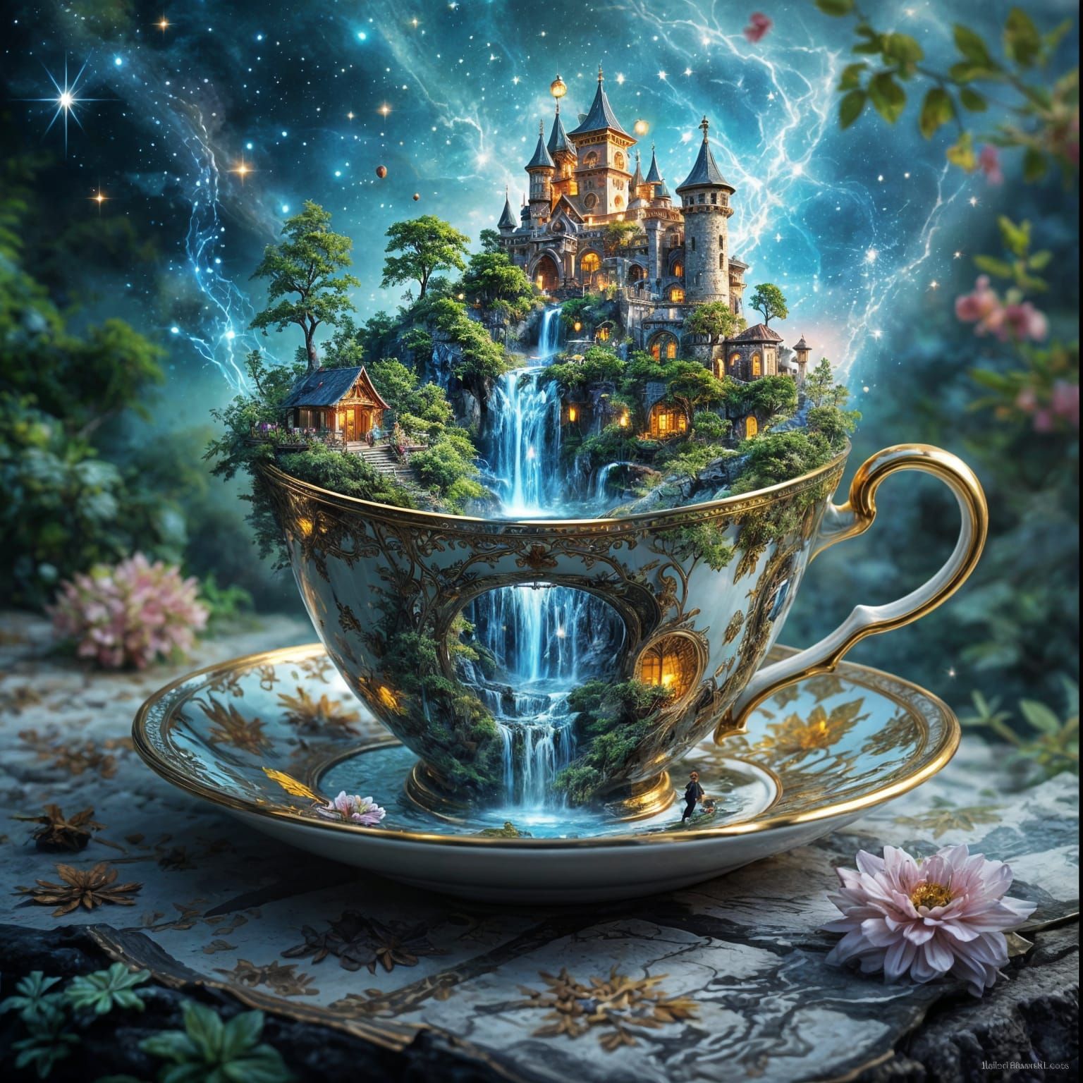 Waterfall Kingdom in Teacup, Surreal Collage Art