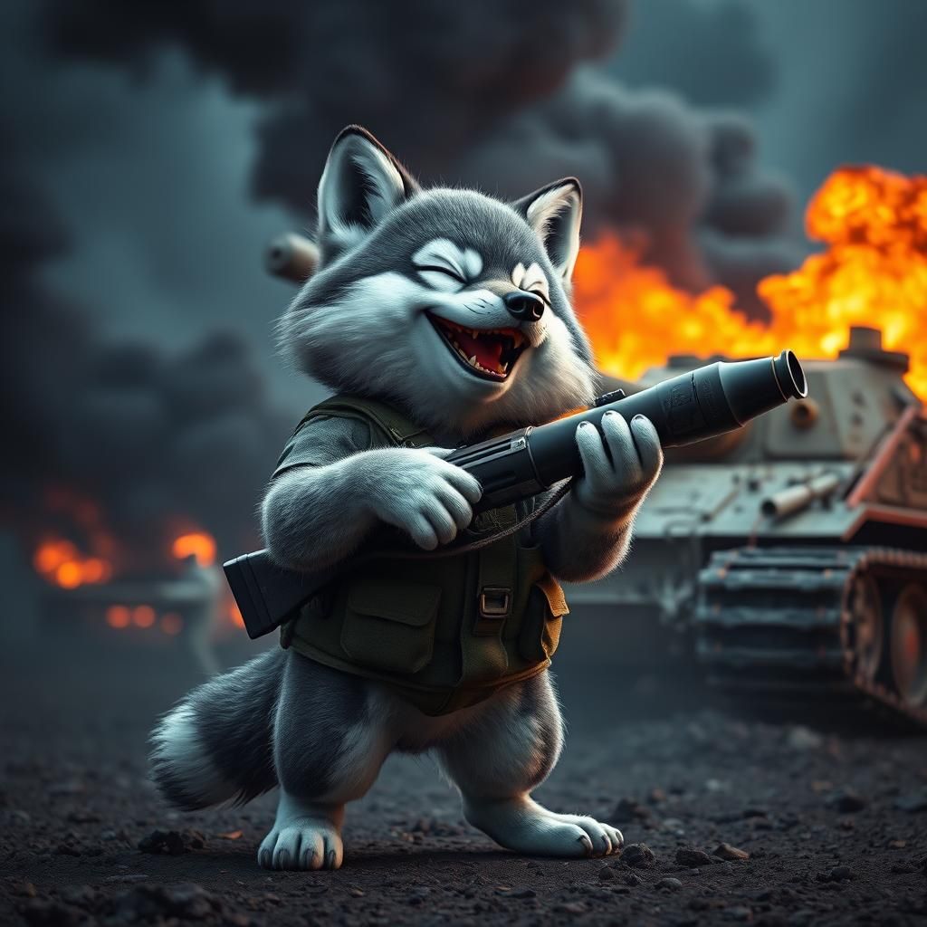 Wolf Cub Soldier Triumphant with Bazooka in 8k