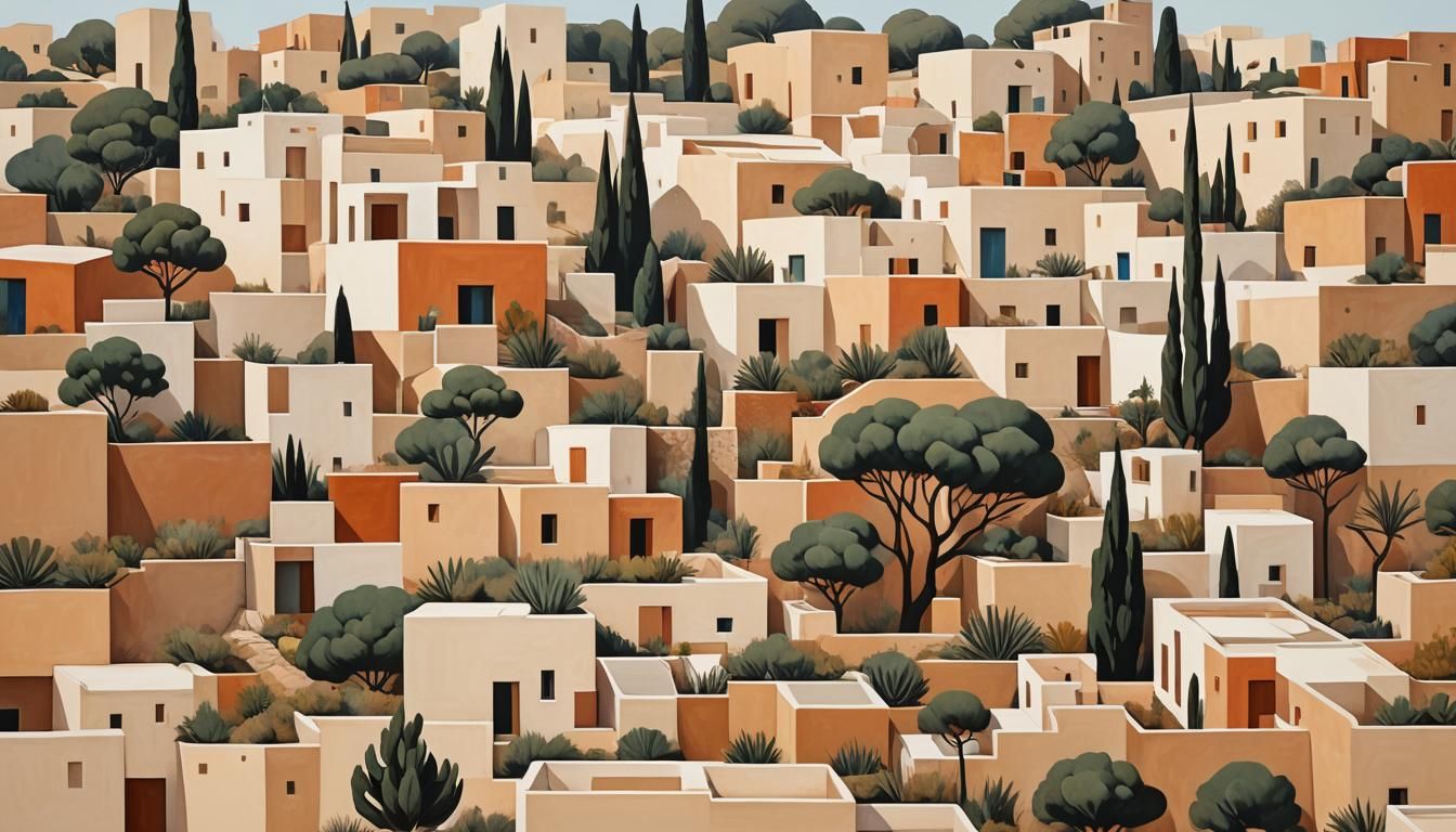 Abstract Mediterranean Landscape with Geometric Forms